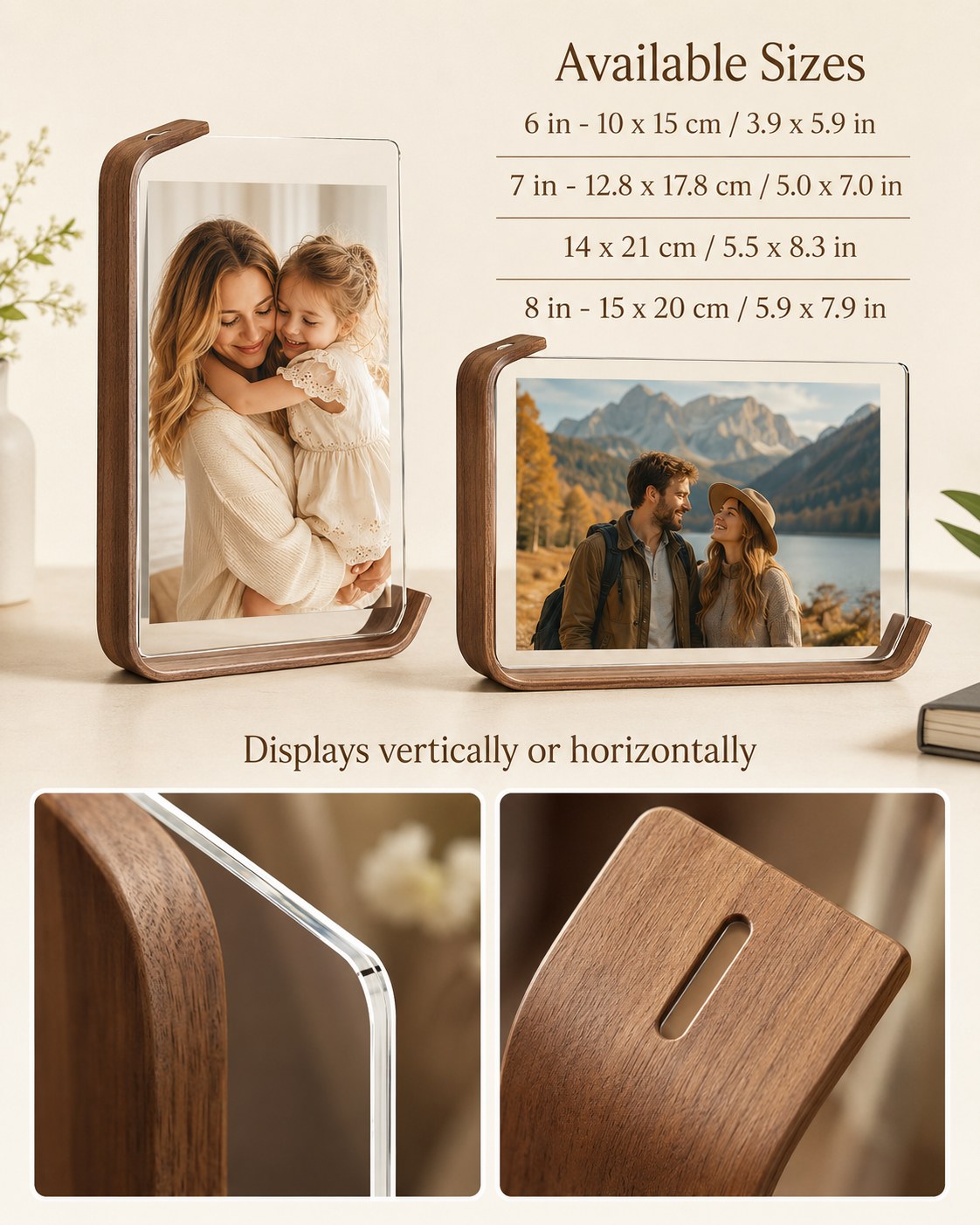 Curved clear tabletop photo frame size guide showing vertical and horizontal display