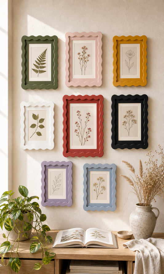 Wavy-edge glass photo frames arranged as a botanical gallery wall