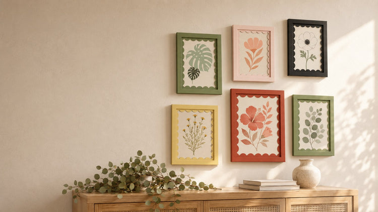 Scalloped-Mat Art Frames collection banner with colorful scalloped mat frames on a warm plaster wall