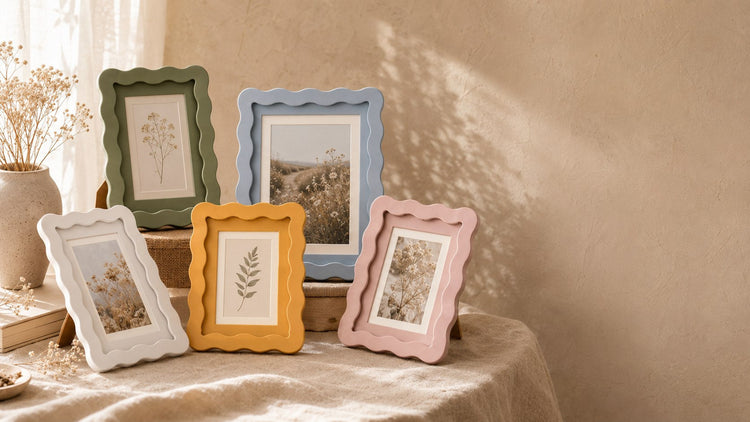Wavy-Edge Glass Frames collection banner with colorful wavy-edge photo frames styled on warm linen