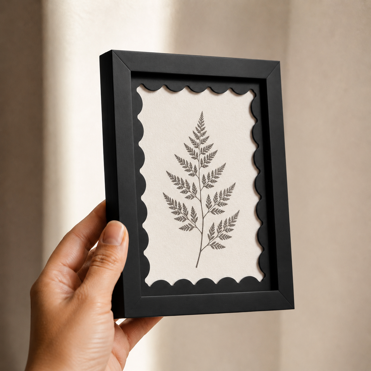 Black scalloped-mat art frame, angle view