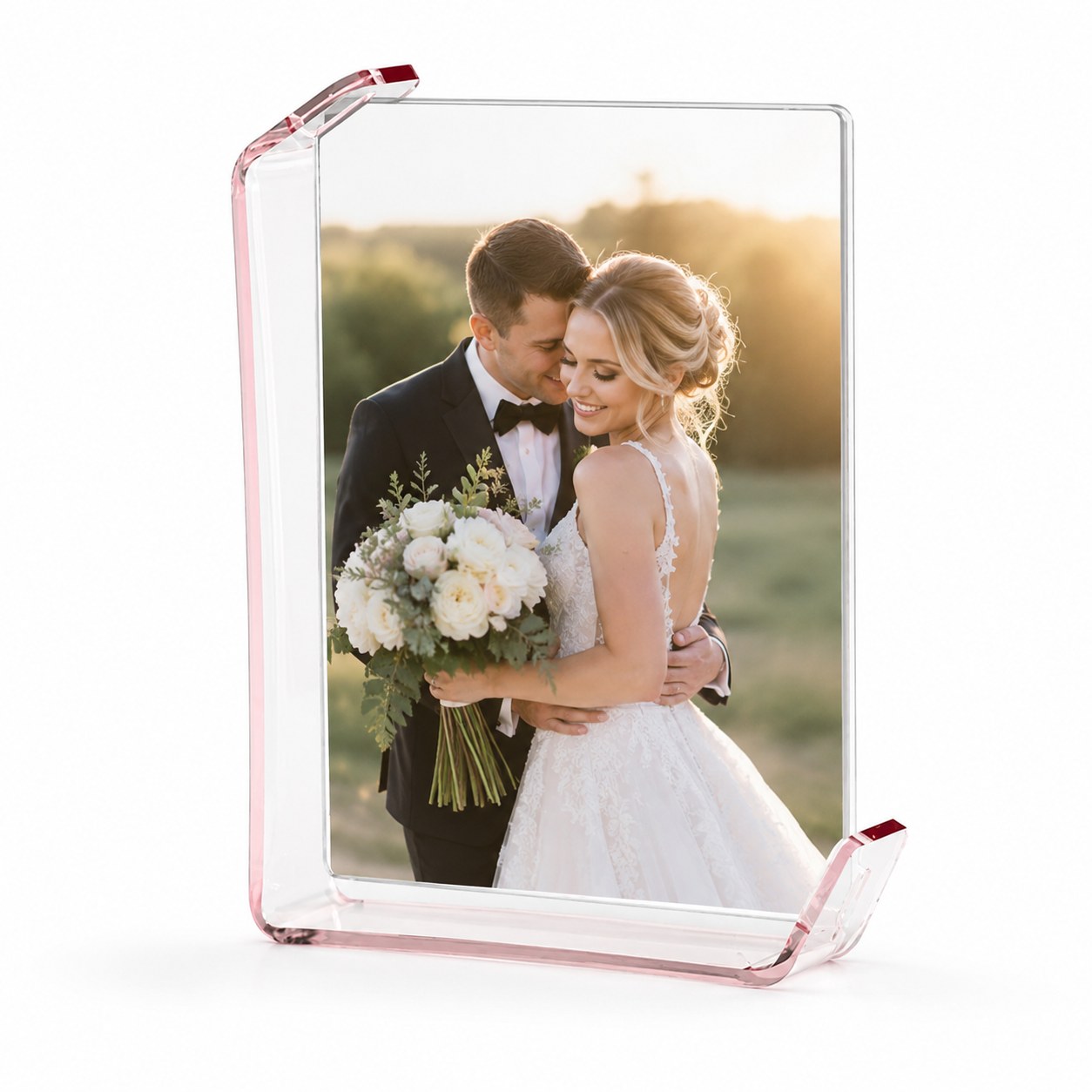 Curved clear tabletop photo frame in cherry blossom pink finish, vertical orientation