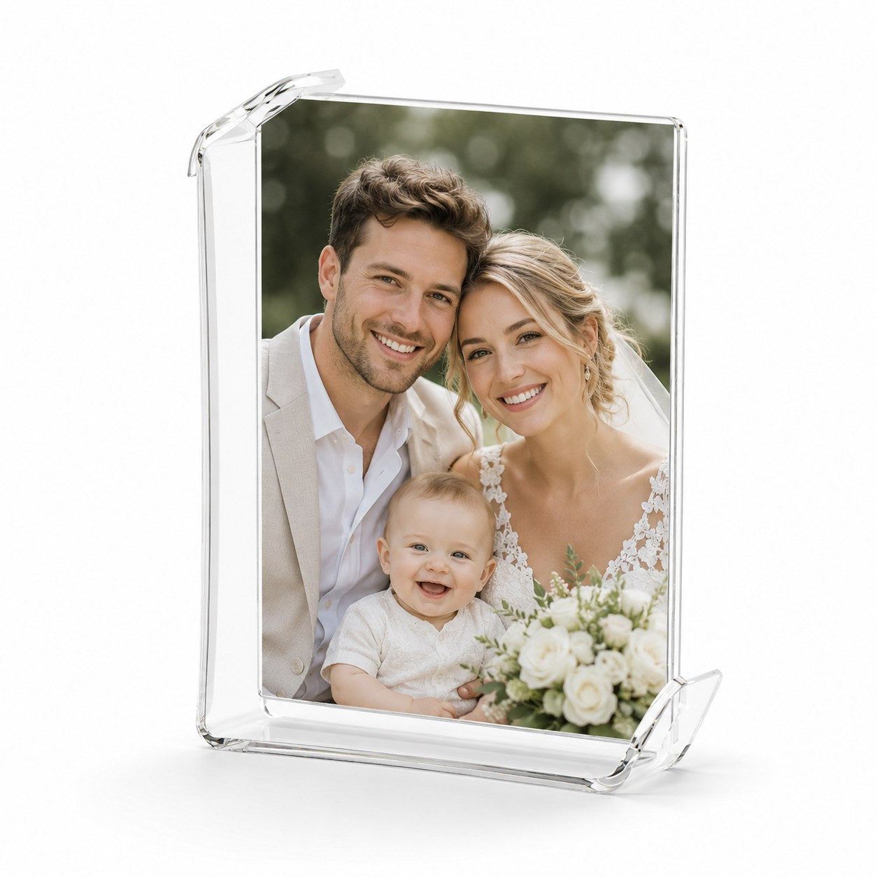 Curved clear tabletop photo frame in clear acrylic finish, vertical orientation