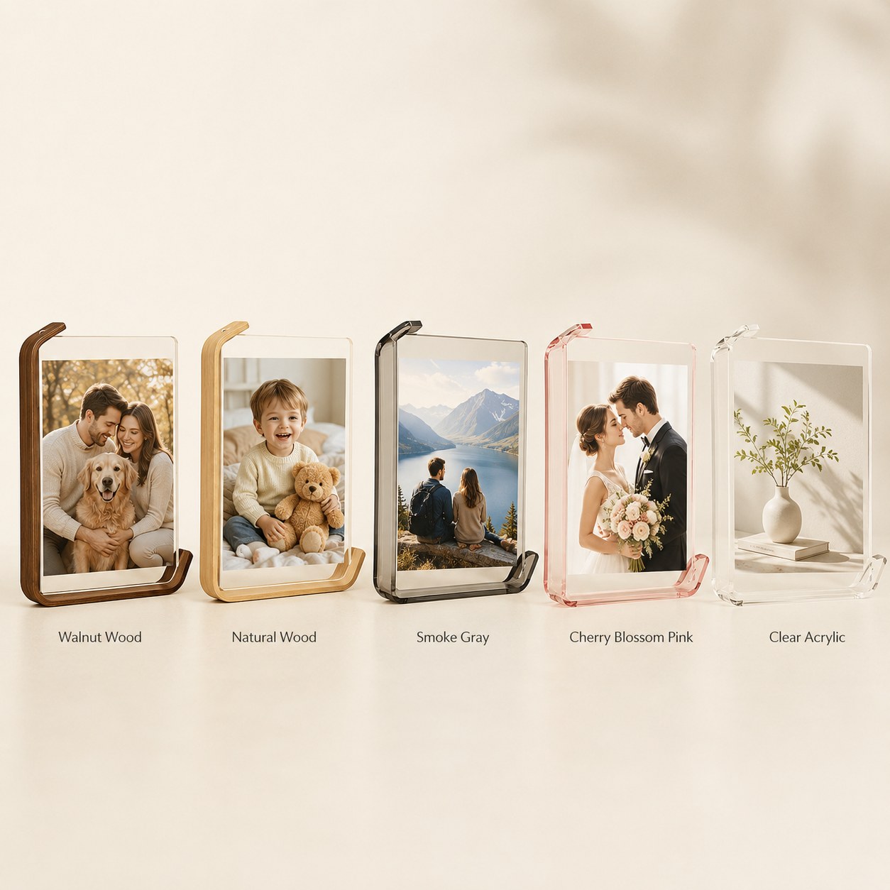 Curved clear tabletop photo frame lineup in five finishes