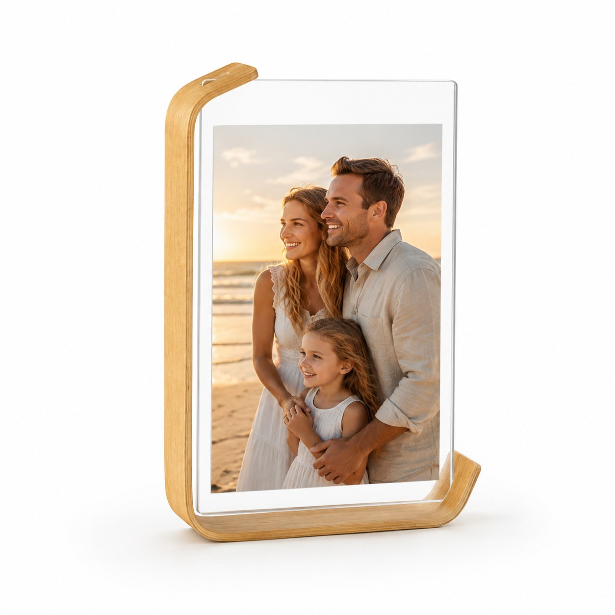 Curved clear tabletop photo frame in natural wood finish, vertical orientation