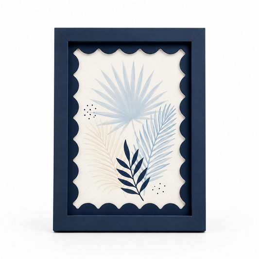 Deep navy scalloped-mat art frame, white background hero shot