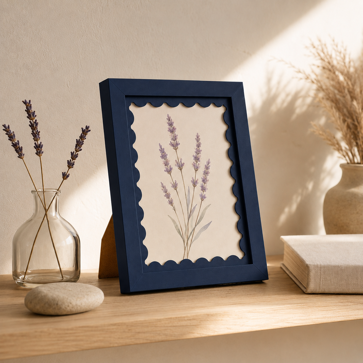 Deep navy scalloped-mat art frame, lifestyle detail shot