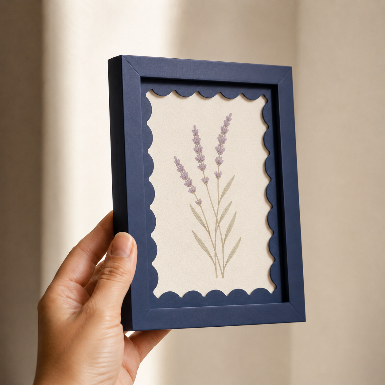 Deep navy scalloped-mat art frame, angle view