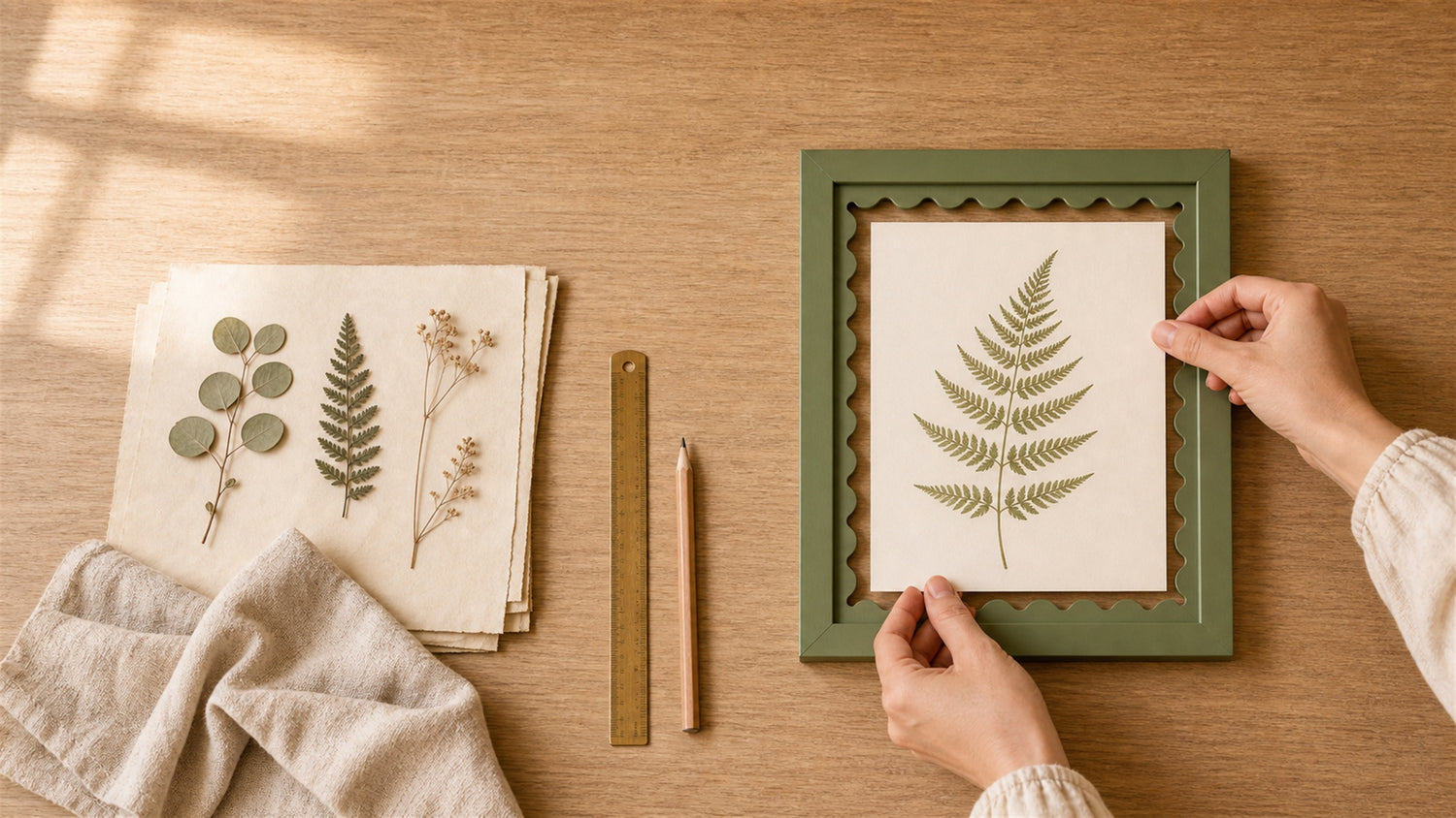 Hands placing a print into a scalloped-mat frame at an atelier table