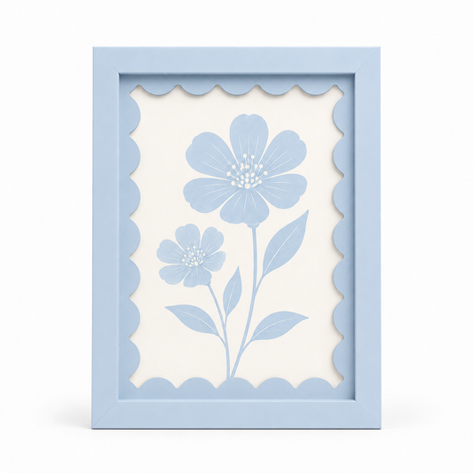 Sky blue scalloped-mat art frame, white background hero shot