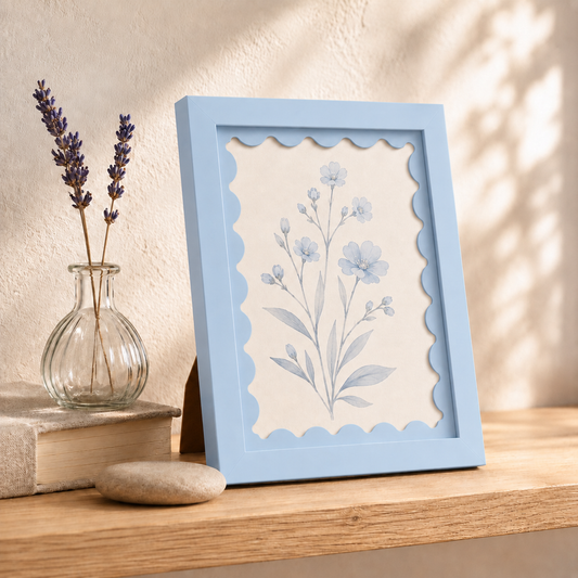 Sky blue scalloped-mat art frame, lifestyle detail shot