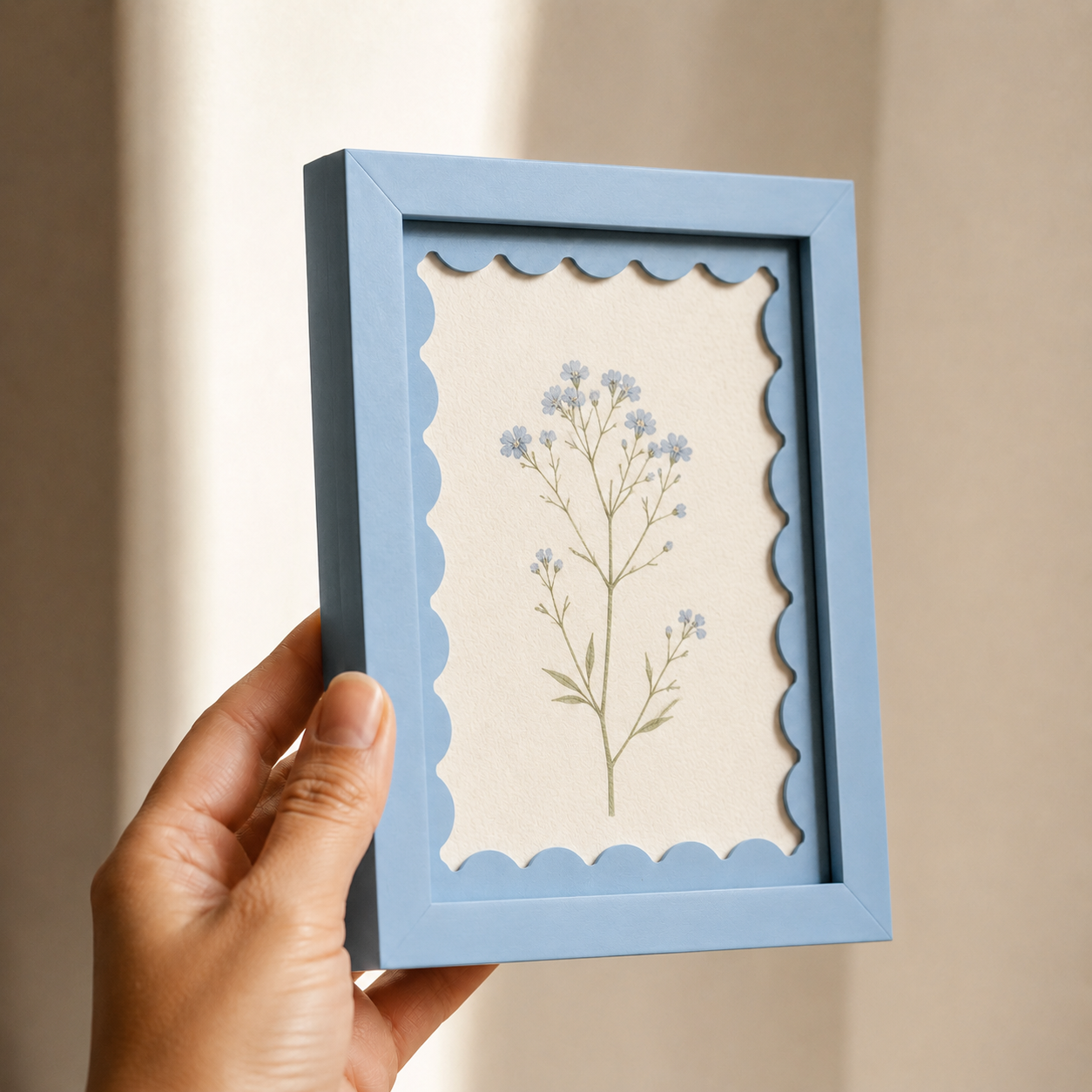 Sky blue scalloped-mat art frame, angle view