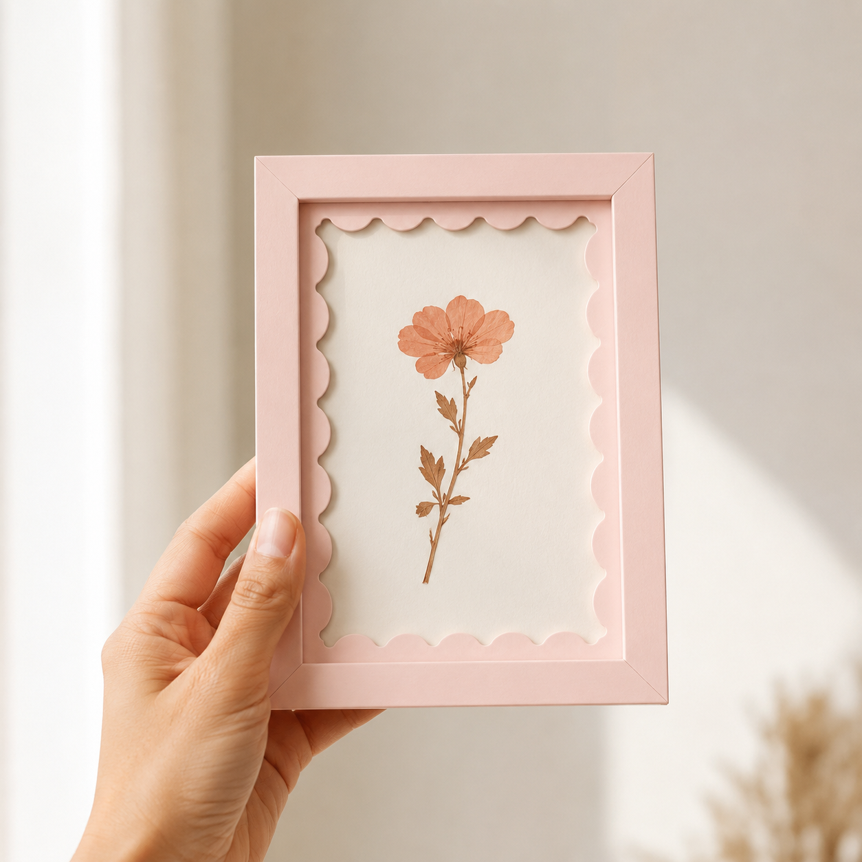 Blush pink scalloped-mat art frame, angle view