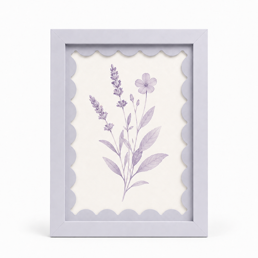 Soft lavender scalloped-mat art frame, white background hero shot