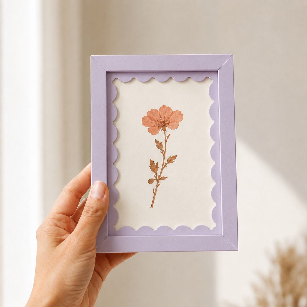Soft lavender scalloped-mat art frame, angle view