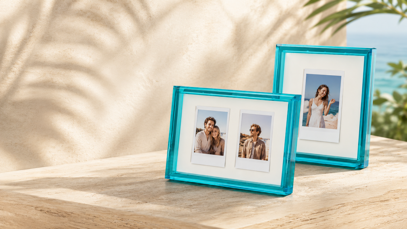 Paraiba blue acrylic instant photo frames on a warm stone surface