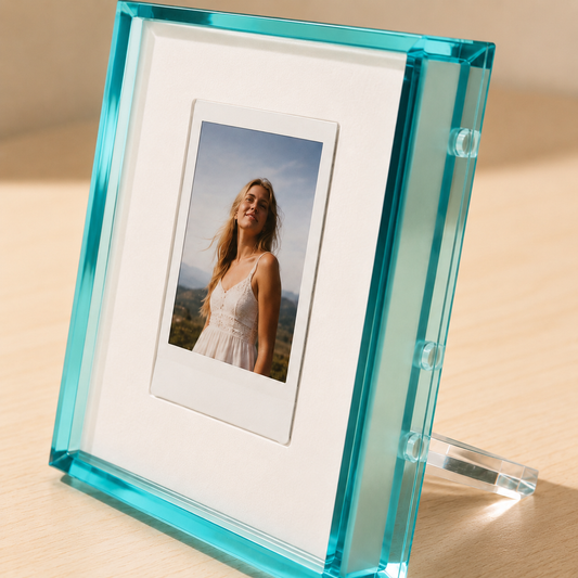 Close-up of the translucent Paraiba blue acrylic photo frame edge and stand