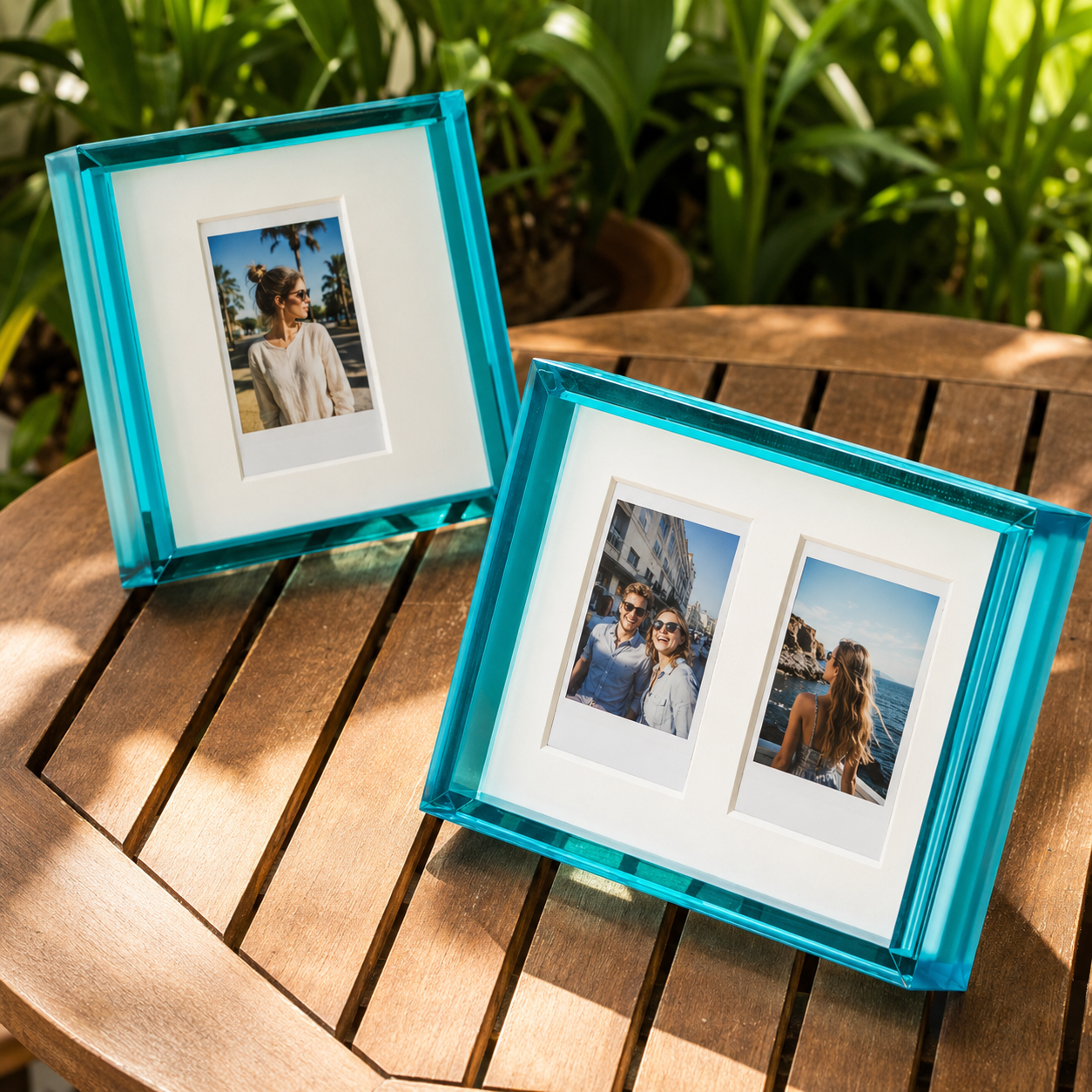 Paraiba blue acrylic instant photo frames styled on a wood tabletop