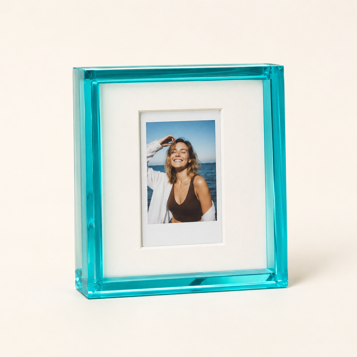 Paraiba blue acrylic instant photo frame with an Instax Mini film print