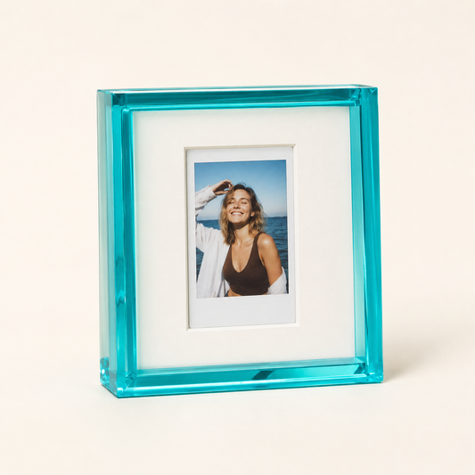 Paraiba blue acrylic instant photo frame with an Instax Mini film print