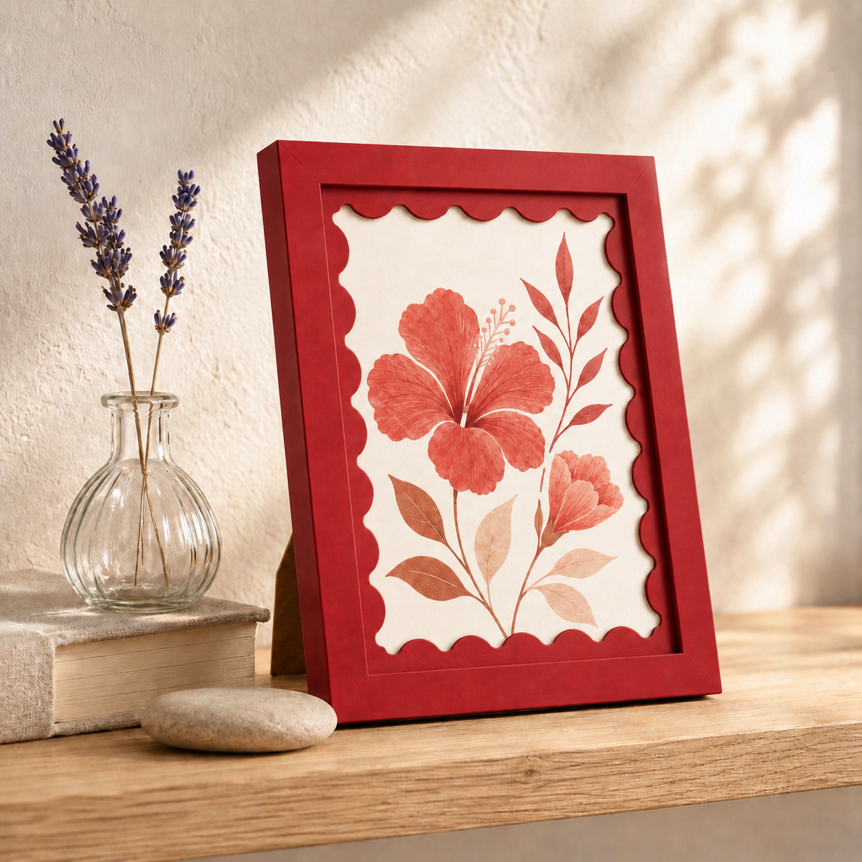 Red scalloped-mat art frame, lifestyle detail shot