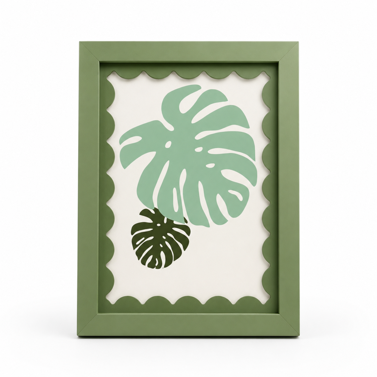 Sage green scalloped-mat art frame, white background hero shot