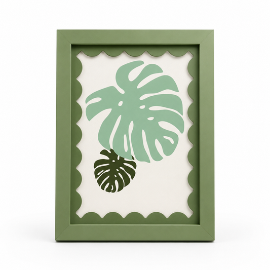 Sage green scalloped-mat art frame, white background hero shot