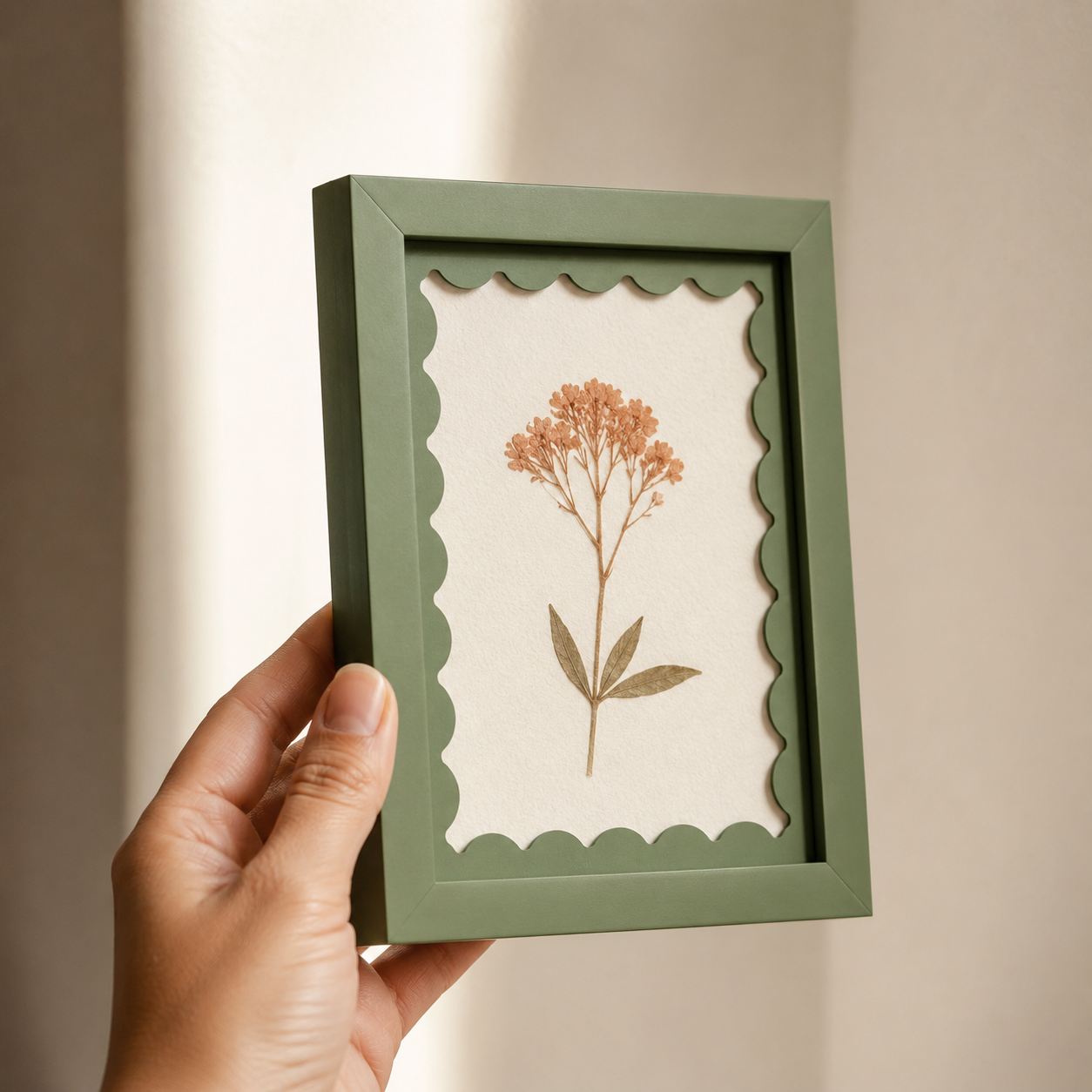 Sage green scalloped-mat art frame, angle view