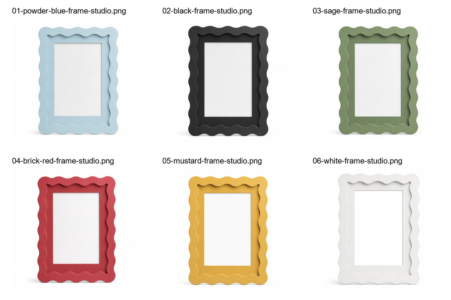 Wavy-edge glass photo frames in multiple colours, studio contact sheet