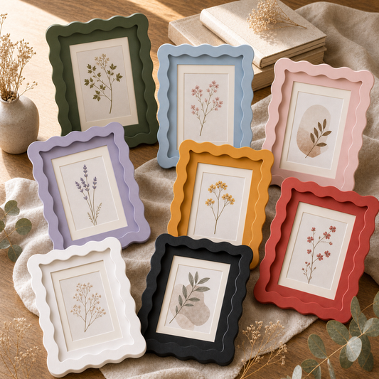 Wavy-edge glass photo frames in eight colours with dried flowers, styled on a table