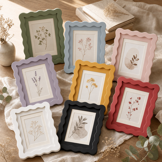 Wavy-edge glass photo frames in all eight colours styled on a table with pressed botanicals