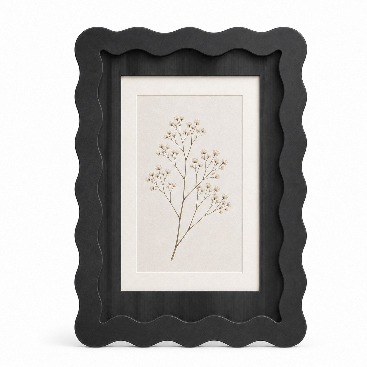 Black wavy-edge glass photo frame with botanical art insert on white background