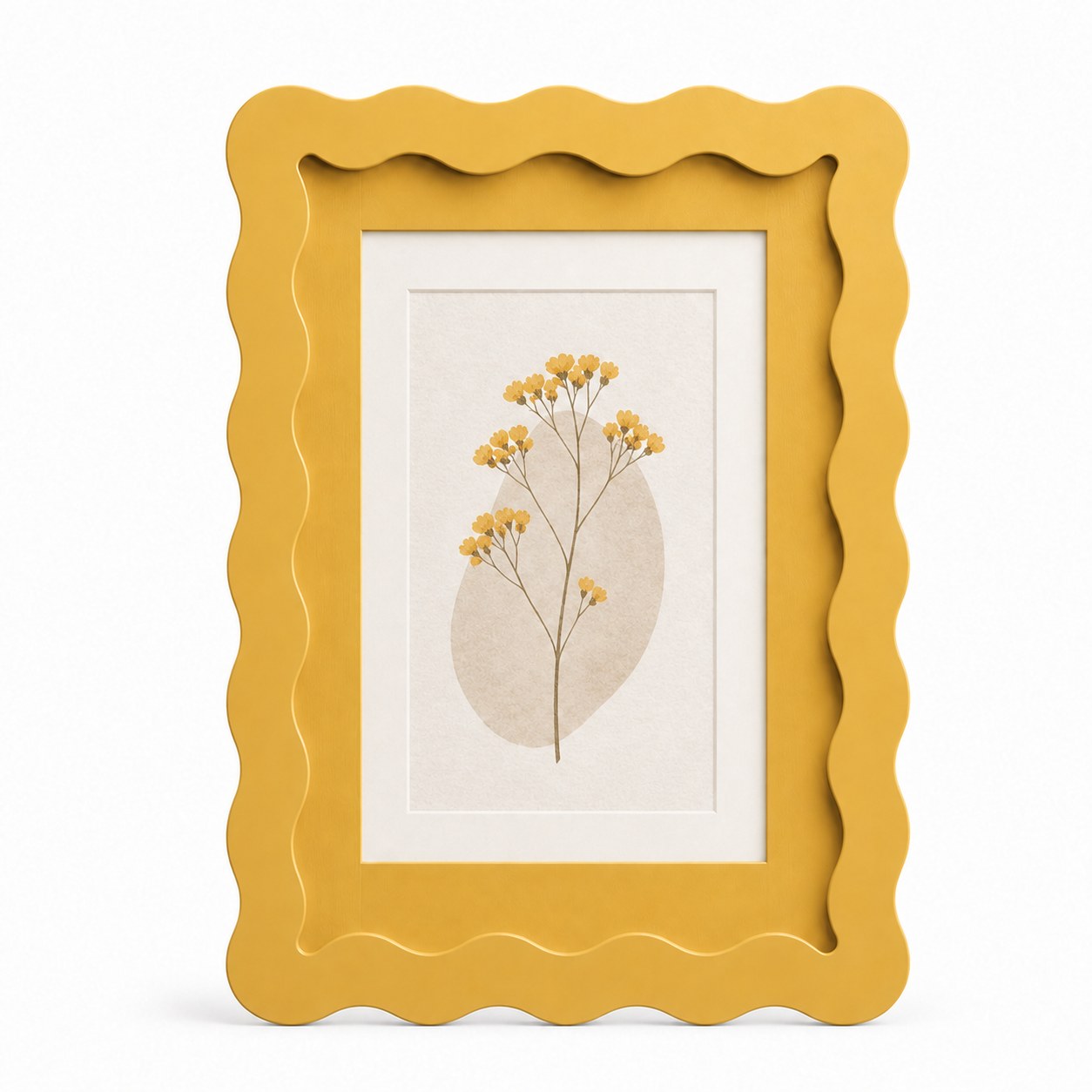 Butter yellow wavy-edge glass photo frame with botanical art insert on white background