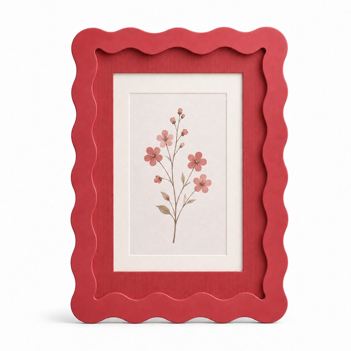 Red wavy-edge glass photo frame with botanical art insert on white background
