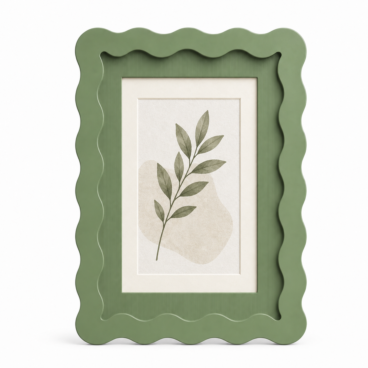 Sage green wavy-edge glass photo frame with botanical art insert on white background