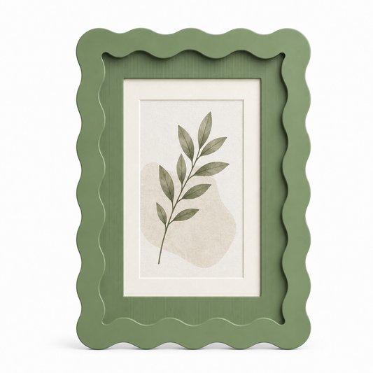 Sage green wavy-edge glass photo frame with botanical art insert on white background