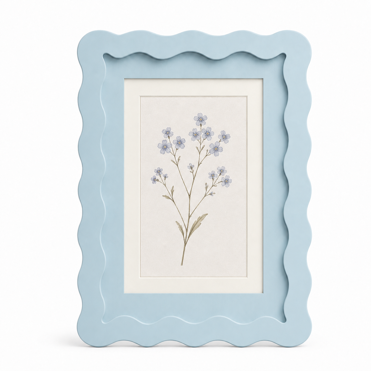 Sky blue wavy-edge glass photo frame with botanical art insert on white background