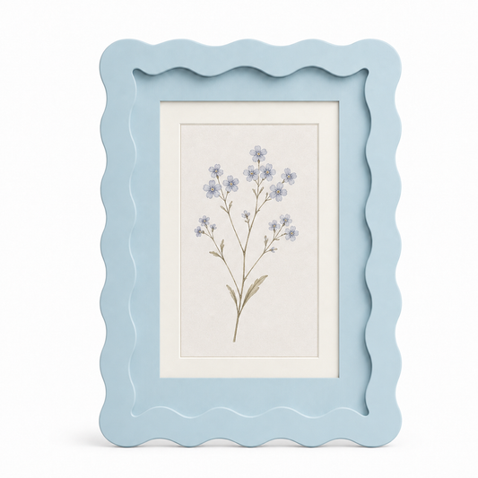Sky blue wavy-edge glass photo frame with botanical art insert on white background