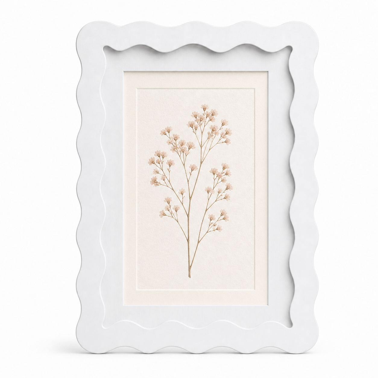 White wavy-edge glass photo frame with botanical art insert on white background