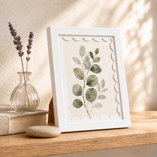 White scalloped-mat art frame, lifestyle detail shot