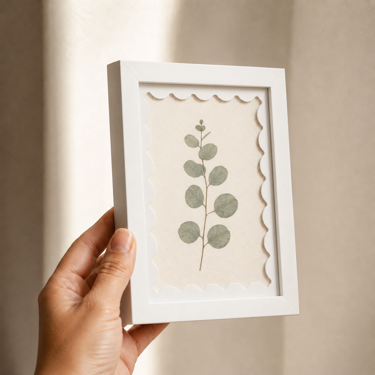 White scalloped-mat art frame, angle view