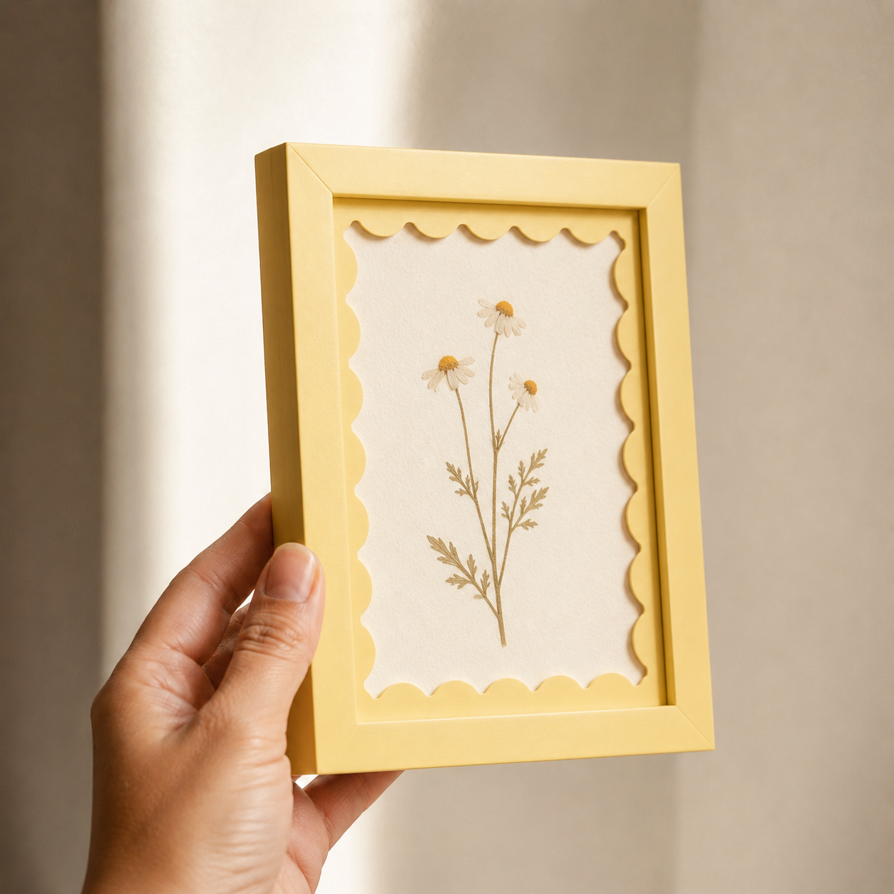 Butter yellow scalloped-mat art frame, angle view